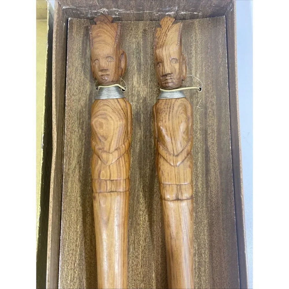 Vintage Salad Server Set African Kenya Mvule Wood Fork Spoon New w/Box